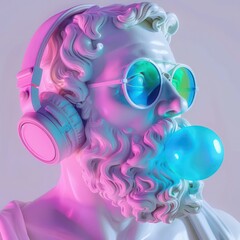 A vibrant, modern twist on classical sculpture, featuring colorful textures and a pair of headphones set against a purple background, face obscured for privacy