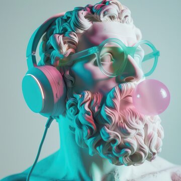 A modern twist on classical art, featuring a colorful statue wearing headphones and blowing a bubblegum