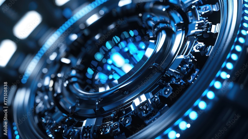 Poster this high-resolution image features a close-up view of a futuristic blue glowing circular technology