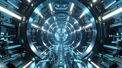 An intricate, computer-generated image of a futuristic tunnel illuminated by a glowing blue light, reflecting advanced technology and modern design