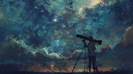 A hobbyist stargazer observes the heavens through a telescope. - obrazy, fototapety, plakaty