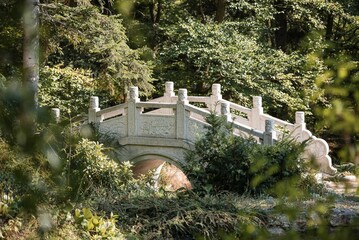 a bridge crossing a tranquil pond in the lush green garden of the Nepal-Himalayan Pavilion