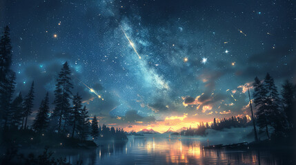 A serene night scene with a starry sky reflected in a calm lake, creating a breathtaking and peaceful atmosphere
