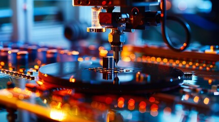 A machine (Pick and Place) takes tiny silicon parts (dies) from a semiconductor wafer and places them on a base (substrate) for computer chip production. - obrazy, fototapety, plakaty