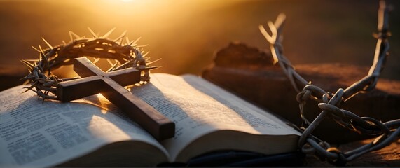 Crown of thorns and shackles with Bible in sunset