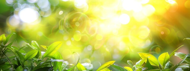 Obraz premium Beautiful natural spring summer defocused panoramic background frame with fresh juicy foliage and bokeh outdoors in nature.