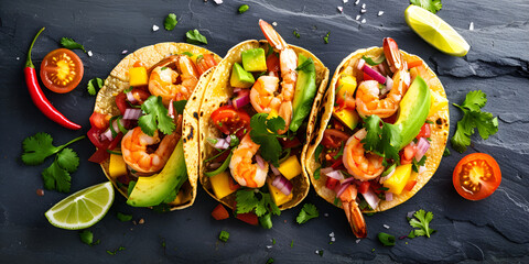 Shrimp Tacos with Homemade Salsa on Wooden Board - obrazy, fototapety, plakaty