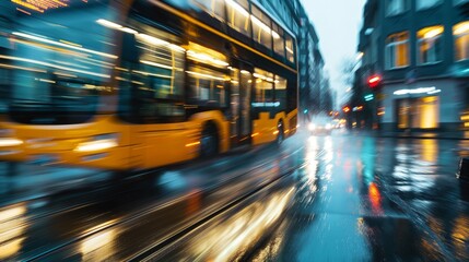 Fototapeta na wymiar A city bus in dynamic motion blur on a rain-soaked street at dusk, evoking a sense of urban speed and weather challenges.