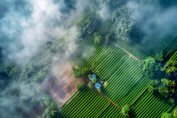 Aerial drone view of farmland in tropical country.