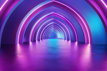 An underground tunnel brightly lit by neon purple lights running along the walls, creating a vibrant and futuristic atmosphere. - obrazy, fototapety, plakaty