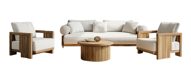 A retro white sofa and round wooden table isolated on a transparent  background