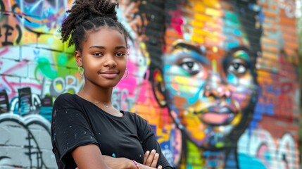 Obraz premium Woman Standing in Front of Graffiti Wall