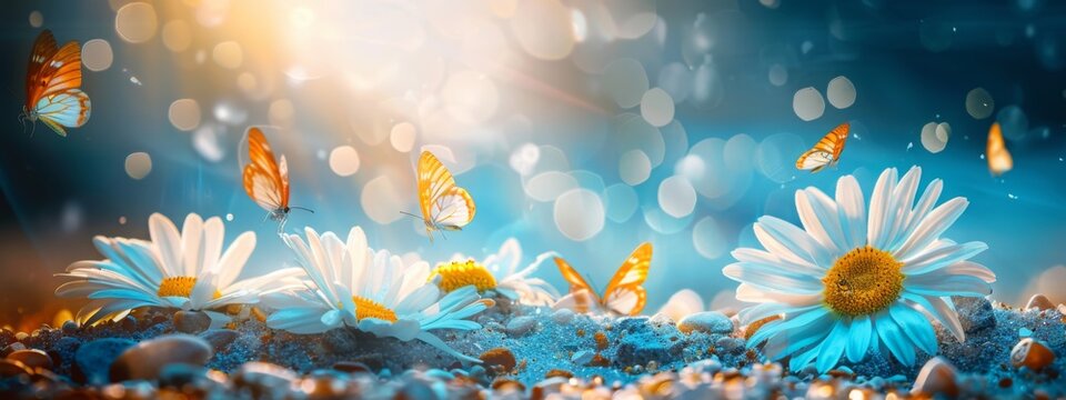 Beautiful pastoral image of spring morning in nature with blooming flowers daisies in meadow and fluttering butterflies in blue tones, macro with soft focus.