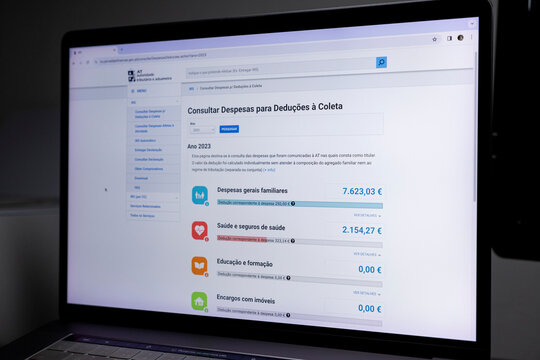 Azores, Portugal - 29.03.2024: Portuguese IRS (AT Autoridade Tributaria) website - "Consultar despesas &agrave; Coleta Ano 2023" Consult expenses in Collection Year 2023. Selective focus.