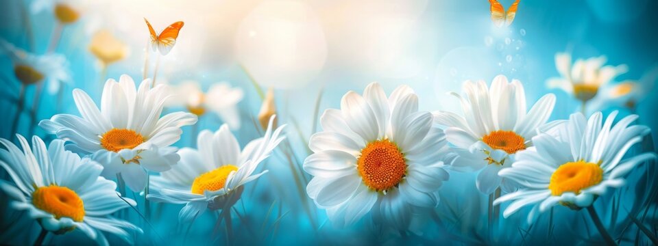 Beautiful pastoral image of spring morning in nature with blooming flowers daisies in meadow and fluttering butterflies in blue tones, macro with soft focus.