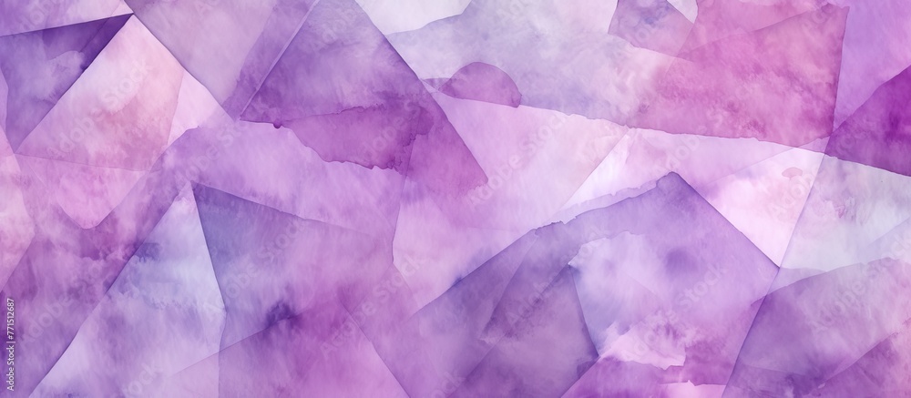 Poster a macro photograph showcasing a vibrant purple watercolor background with triangular patterns in sha