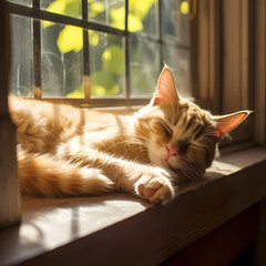 A cat napping in a sunbeam on a windowsill. 
