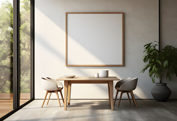 Dining room with table, chairs and window. Modern Japandi interior for large wall art mock up.