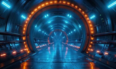 Futuristic tunnel in space inside a metal capsule, evoking technology and mystery
