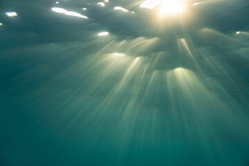 Scenic underwater view of sunlight beaming through water surface - obrazy, fototapety, plakaty