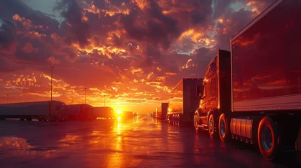 Papier Peint photo autocollant Bordeaux Parked trucks in front of bright sunrise