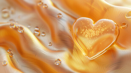 A warm golden heart glows on a soft silk-like texture with subtle reflections and elegant droplets,...