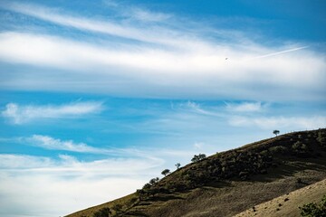 Scenic view of a hillside with trees against a blue sky in Brecon Beacons, Wales, UK