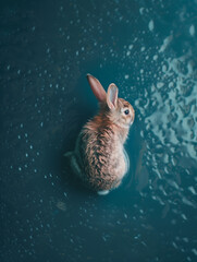 A single cute bunny centered in a pool of rippling water with a reflection, bringing a sense of calm and serenity