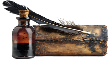 Ancient feather pen with ink and scroll isolated on a transparent background, PNG, Ai