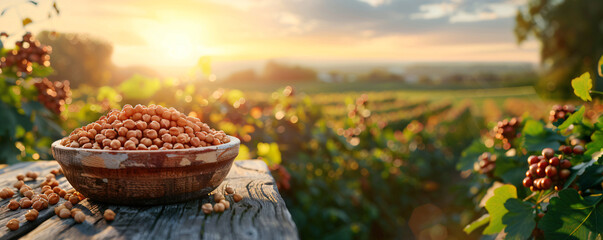Raw chickpeas grains in bowl on wooden table with chickpeas field at sunset on background. Healthy and natural vegetarian food. Agriculture and harvest concept - obrazy, fototapety, plakaty