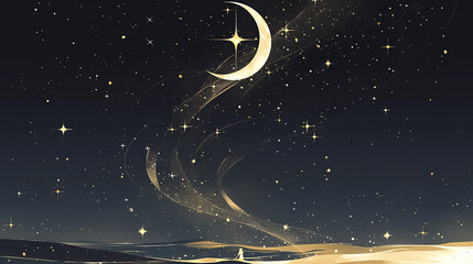 Obraz na płótnie Canvas The black and gray gradient of the starry sky in a watercolor style, the stars are golden, and the moon is also golden, illustration.