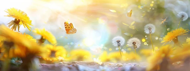Poster Beautiful spring summer natural landscape with a field of flowering dandelions and butterfly against blue sky with clouds on clear sunny day. © JovialFox