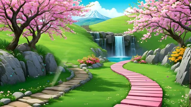 Tranquil Path to Waterfall and Blossoming Garden. Seamless looping 4k time-lapse video animation background 