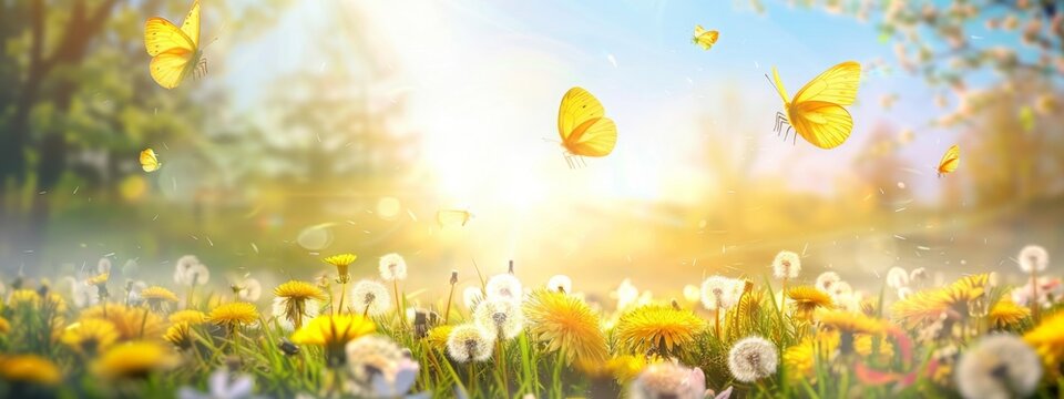 Fototapeta Beautiful spring summer natural landscape with a field of flowering dandelions and fluttering butterflies on clear sunny day.