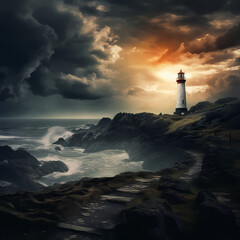 A dramatic stormy sky over a solitary lighthouse overseeing the ocean waves