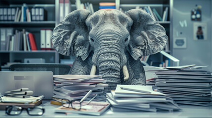 An elephant stands amid mountains of paperwork at a desk, evoking the idiom of an elephant in the room - obrazy, fototapety, plakaty