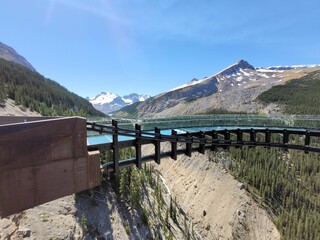 View of the Columbia Icefield Skywalk, a glass-floored walkway built on the edge of a cliff