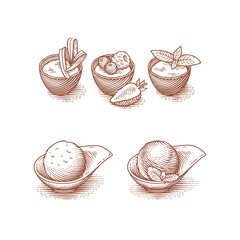Cakes and desserts. Ice cream. Hand drawn engraving style illustrations. 