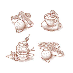 Strudel, creme brulee. Desserts. Berry dessert. Hand drawn engraving style illustrations.