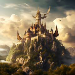 A fantasy castle on a hill with a dragon flying overhead - obrazy, fototapety, plakaty