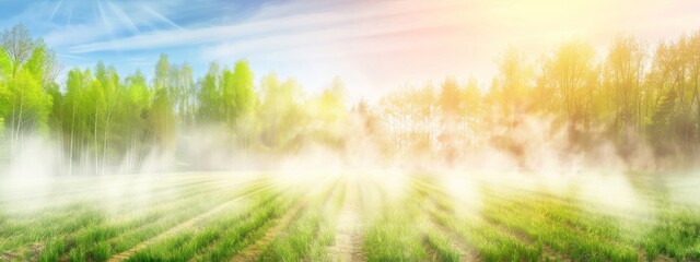 Fototapeta premium Beautiful summer natural landscape with lawn with cut fresh grass in early morning with light fog. Panoramic spring background.