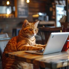Orange Tabby Cat Using Laptop On Wooden Table
