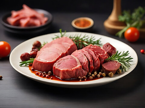 Meat in the kitchen, meat modern in plate decoration for background