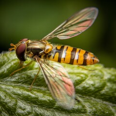 Macro shot of Episyrphus balteatus, the marmalade hoverfly on a green leaf.