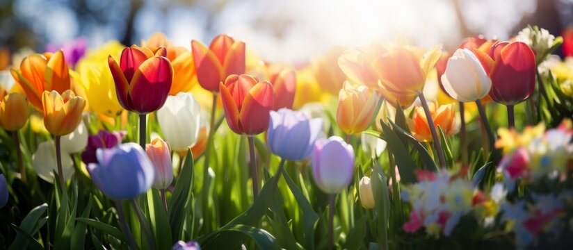 A vibrant meadow of colorful tulips basking in the sunlight, creating a stunning natural landscape filled with flowering plants and herbaceous groundcover