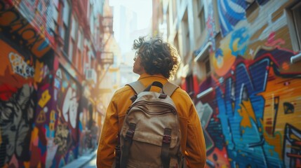 Obraz na płótnie Canvas Man Walking Down Street With Backpack