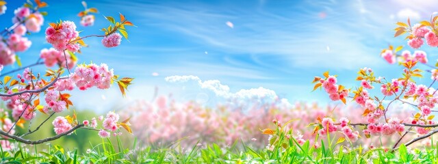Fototapeta na wymiar Blossoming cherry on background blue sky and white clouds in spring on nature outdoors. Pink sakura flowers, amazing colorful dreamy romantic artistic image spring nature, banner format, copy space.