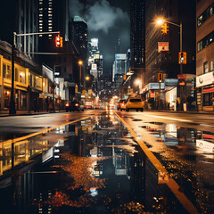 Fototapeta na wymiar A reflection of city lights on a rainy street. 