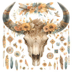 Watercolor bohemian bull skull. Western mammals bison. Watercolour hipster boho decoration print bison. flowers, feathers. Isolated on white. Boho skull style. Watercolor ethnic themed design skull. © Oghibli Art Studio