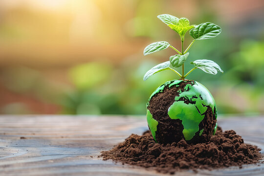 A small plant emerges from a globe-shaped clod of earth, symbolizing growth and environmental care against a blurred natural backdrop, world environment day concept